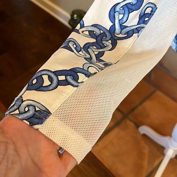 SanSoleil blue and white chainlink UPF 50+ sun protection 1/4 zip top, L! - Picture 6 of 10